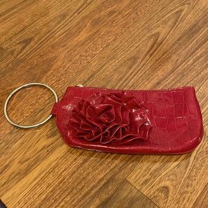 Red, faux leather, wristlet with flower detail
